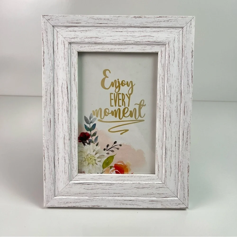 White Wood Washed Farmhouse Style Photo Frame with “Enjoy Every Moment” quote
